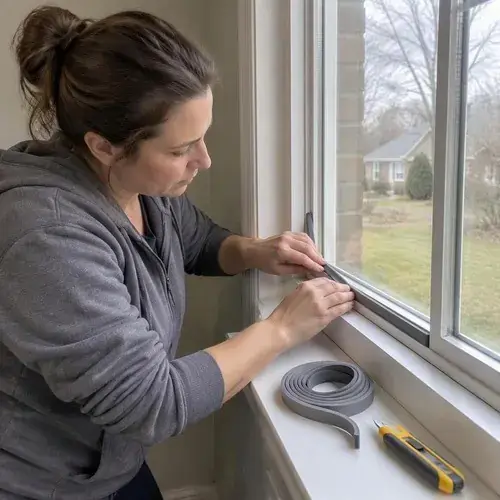 Woman pressing gray weather stripping seal into a white window frame at a sill