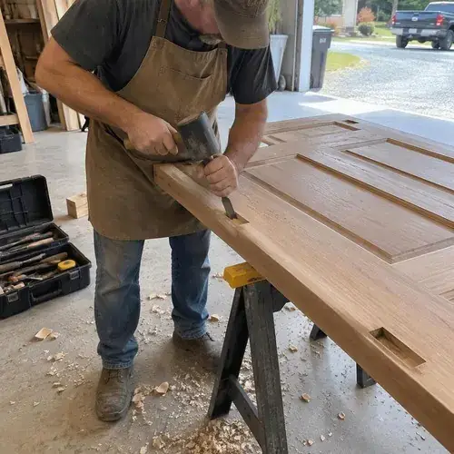 Craftsman in apron chiseling a hinge mortise into a wooden paneled door resting on