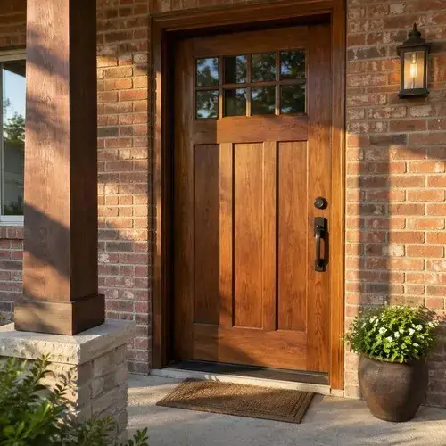 Stained wood craftsman-style entry door with upper glass panes and black hardware on a