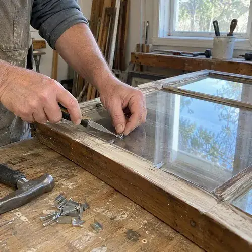 Hands remove glazing points from an old wooden window sash on a workbench with