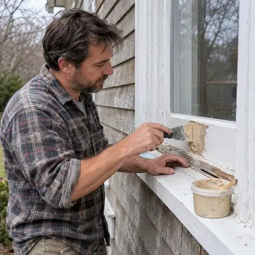 Man applies wood filler with a putty knife to a damaged white window frame