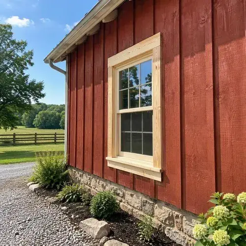 Double-hung window with natural wood casing trim set in red board-and-batten barn siding with