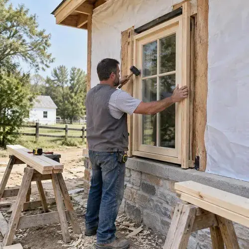 Installer tapping a wood-framed window into the rough opening of a stone-base house wrapped